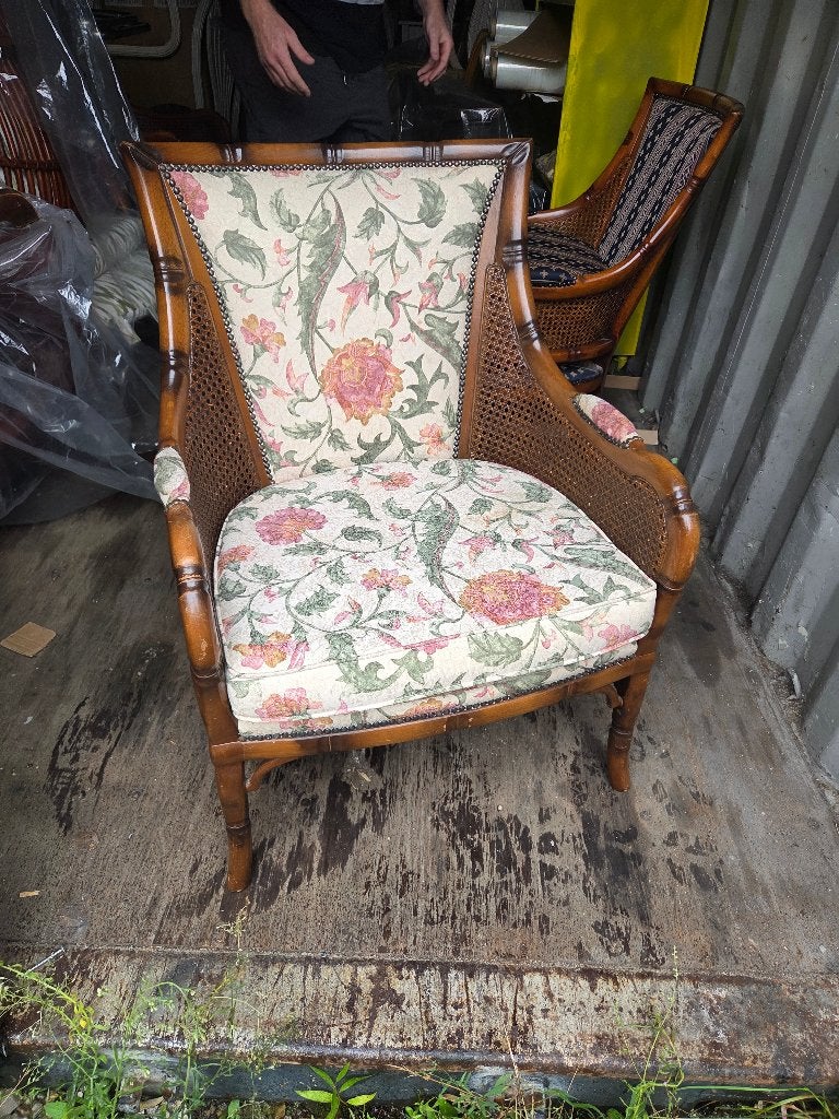 Vintage Giorgetti fauteuil met bloemenprint en rotan, Huis en Inrichting, Fauteuils, Ophalen, Gebruikt, Vintage, Klassiek, Italiaans Design