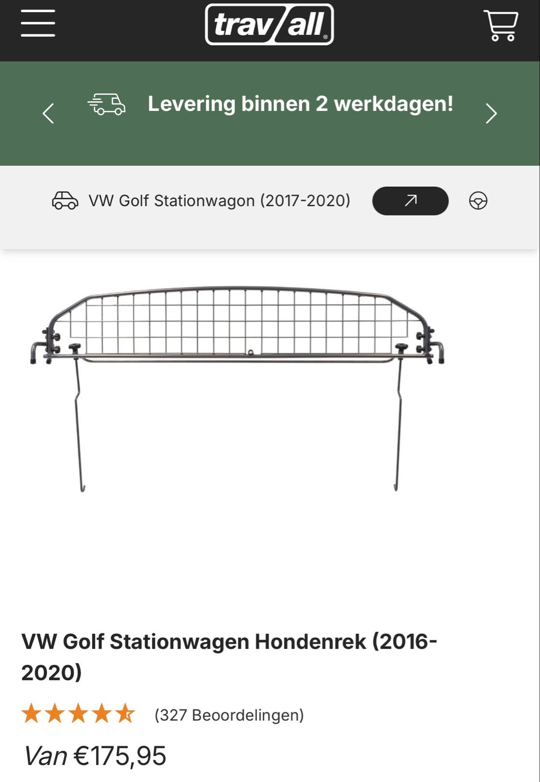 Hondenrek Travall VW Golf Stationwagon (2016-2020), Auto diversen, Ophalen, Gebruikt