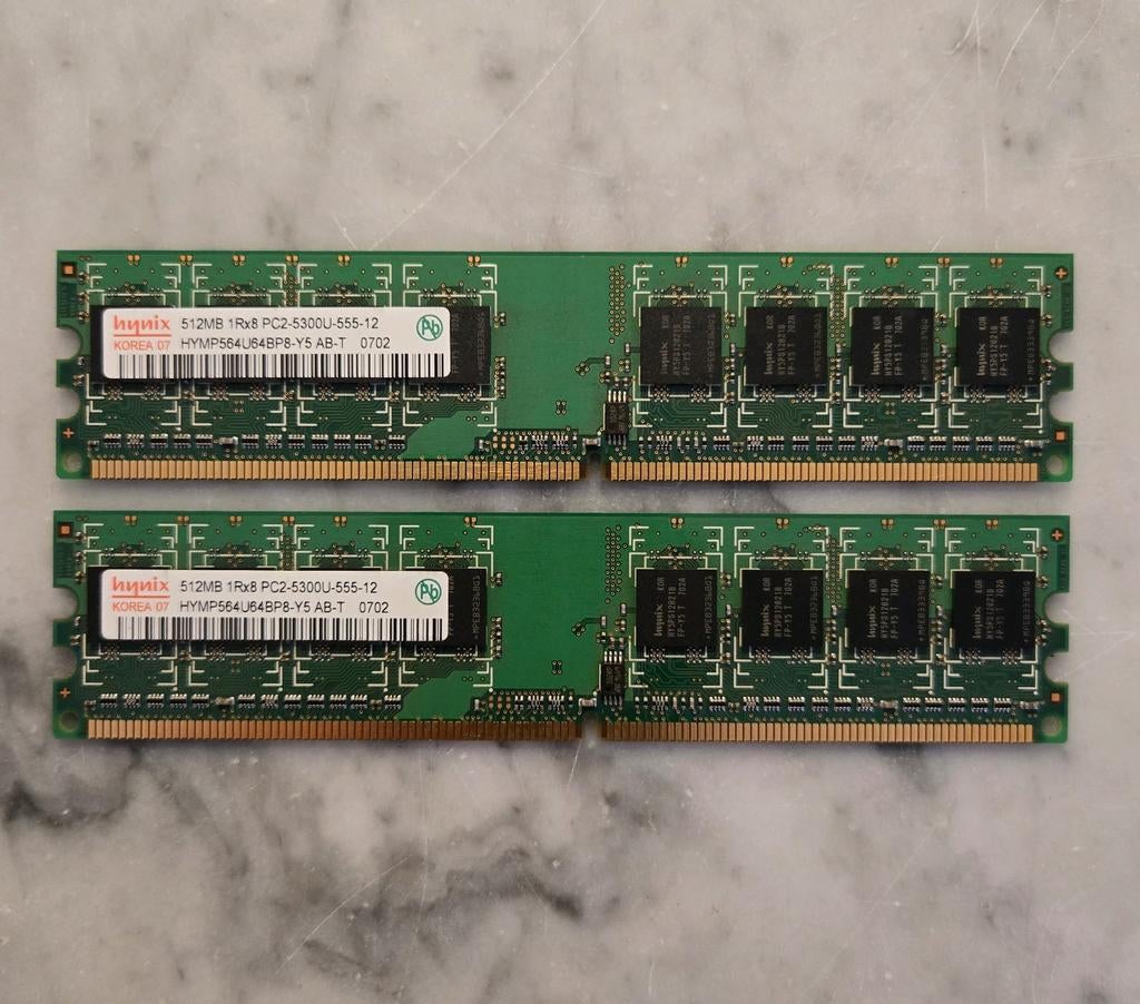 2 x 512mb, DDR2, 667mhz geheugen kit "Hynix", 1 GB of minder, Verzenden, Zo goed als nieuw, DDR2