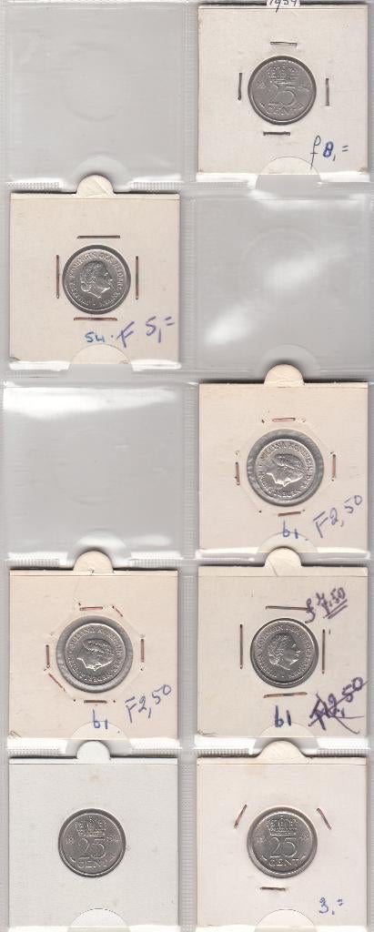 Nederland 25 cent 1948, 1954 (3x) en 1961 (3x) Pr/FDC, Postzegels en Munten, Munten | Nederland, Ophalen of Verzenden, Koningin Juliana