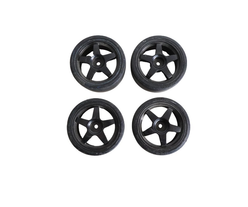 4x Tamiya banden met velg 1/10 rc auto, Ophalen of Verzenden, Gebruikt