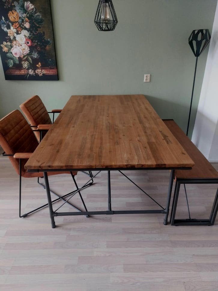 tafel/2Xstoel/bank/industriëel/hout/metaal/leer/Set/MOETWEG, Ophalen, Twee, Bruin, Zo goed als nieuw