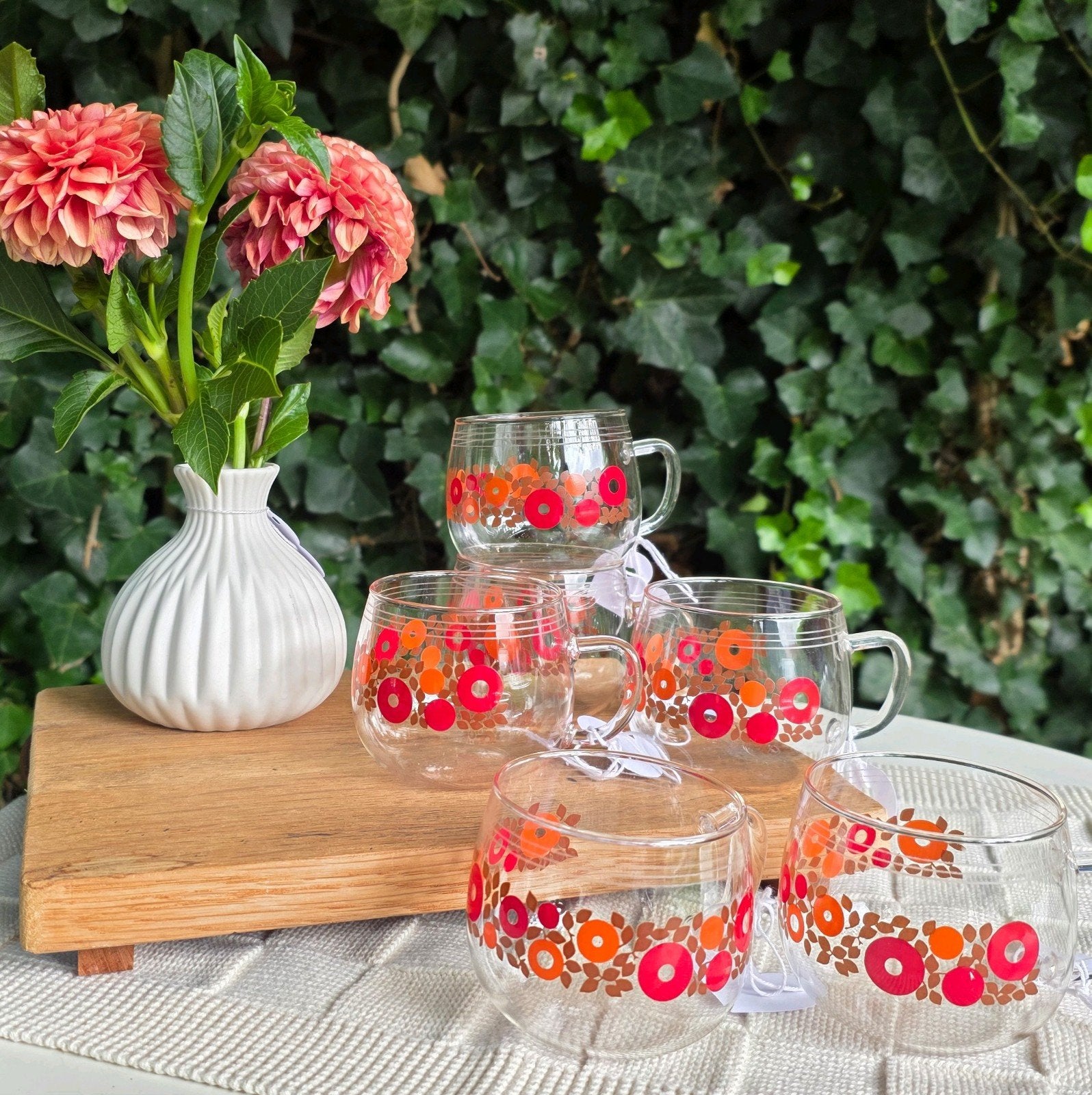 Vintage Schott Mainz Jena Glazen Theekopjes Bloemmotief, Glas of Glazen, Vintage, Vintage, Ophalen of Verzenden