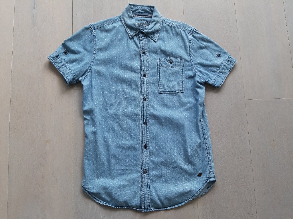 Denim overhemd met witte stippen maat S, Blauw, Halswijdte 38 (S) of kleiner, Ophalen of Verzenden, Zo goed als nieuw