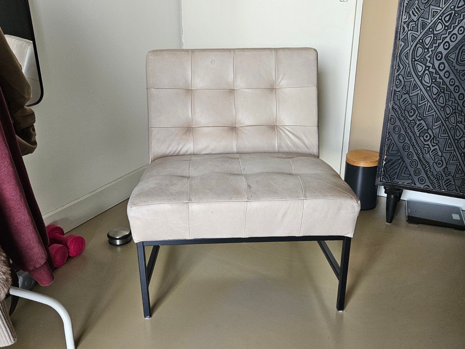 loods 5 Leren fauteuil met metalen frame - Beige, Gebruikt, Modern, Industrieel, 75 tot 100 cm, Ophalen of Verzenden