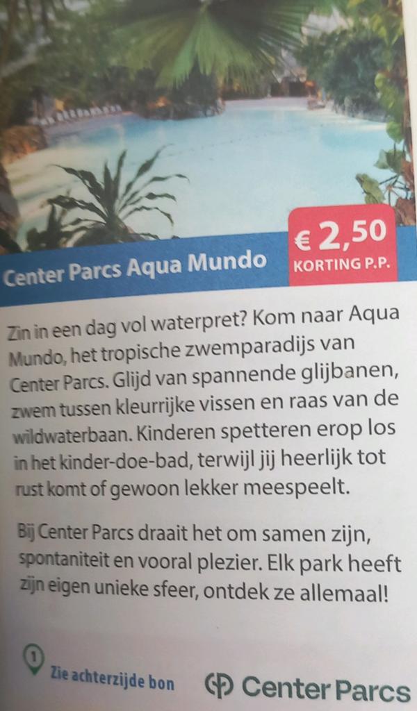 Center parcs Aqua Mundo €2,50 korting pp 4 personen €10, Tickets en Kaartjes, Drie personen of meer, Kortingskaart