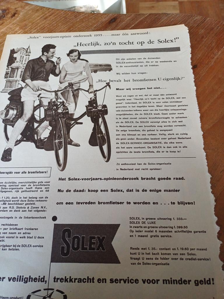 Advertentie van Solex bromfiets heerlijk 1955, Verzamelen, Merken en Reclamevoorwerpen, Ophalen of Verzenden, Zo goed als nieuw