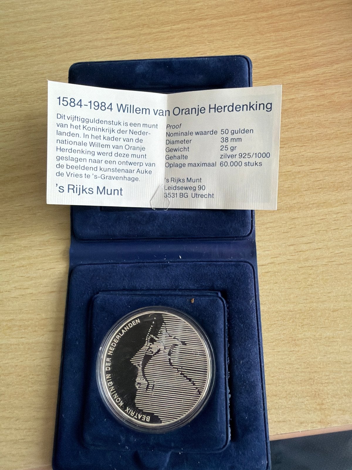 1984 Willem van Oranje Herdenkingsmunt 50 Gulden Zilver, Postzegels en Munten, Koningin Beatrix, Zilver, Ophalen of Verzenden