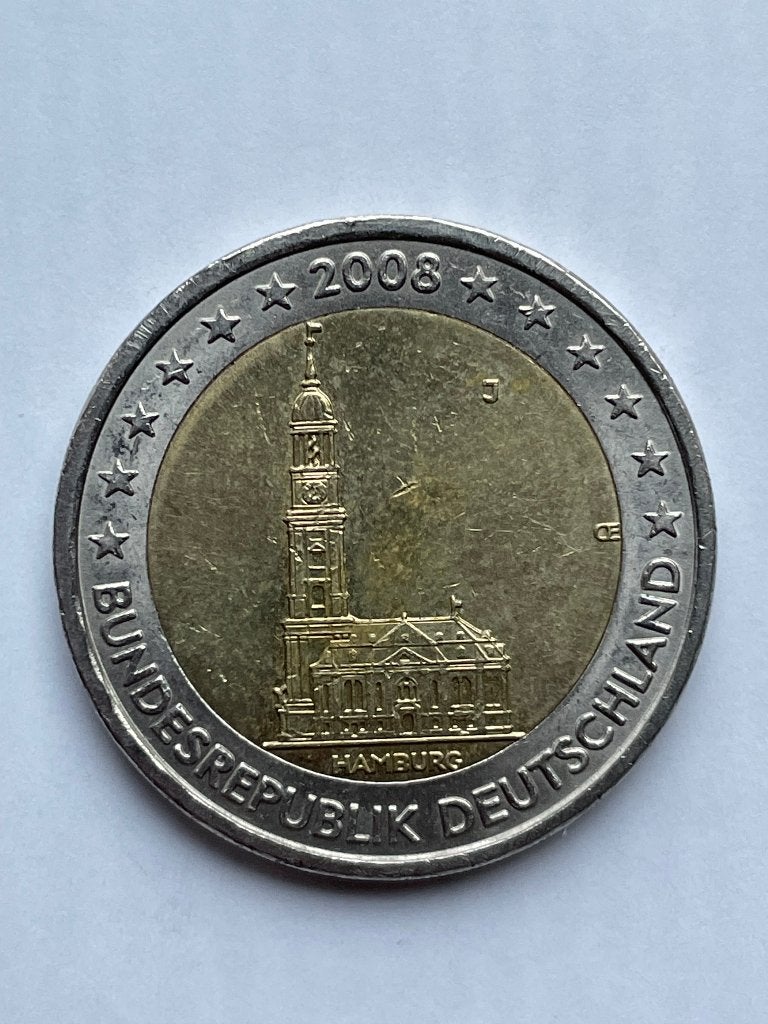 Duitsland 2 euro Hamburg 2008 1 met een D en 1 met een J., Ophalen of Verzenden, Duitsland, 2 euro, Losse munt