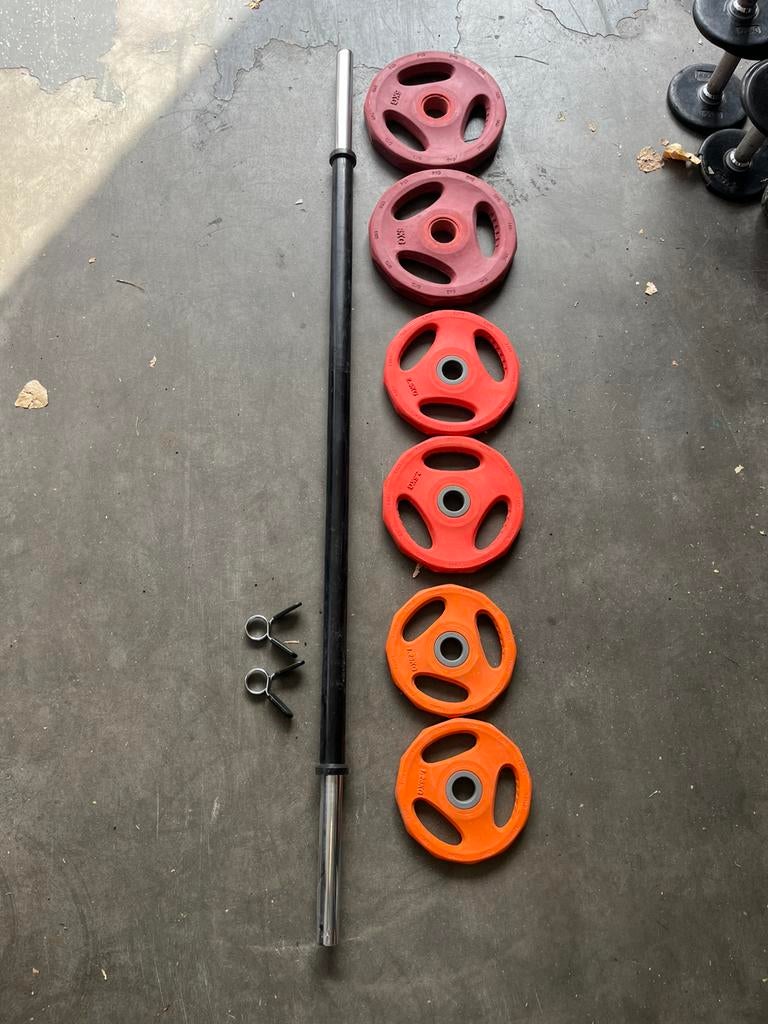 Bodypump set stang met gewichten, Gebruikt, Stang, Ophalen of Verzenden, Met gewichten