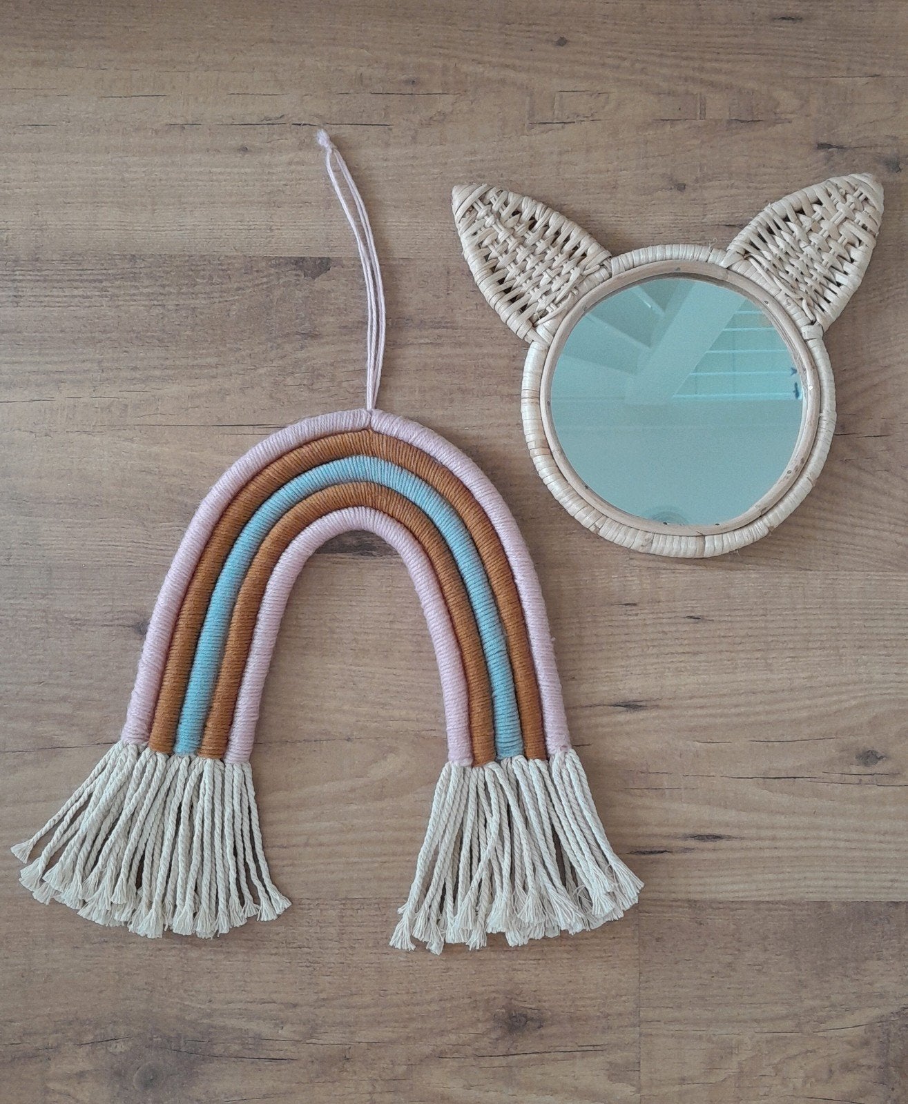 Kinderkamer decoratie rotan spiegel macrame muurdecoratie, Ophalen of Verzenden, Zo goed als nieuw, Spiegel