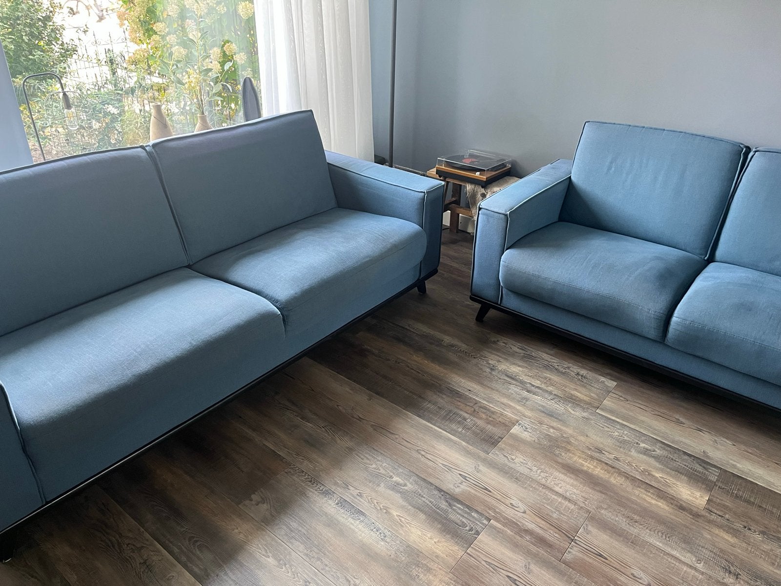 Bankstel: 2-persoons en 3-persoonsbank in blauw, Huis en Inrichting, Ophalen, Gebruikt, Tweepersoons, 75 tot 100 cm
