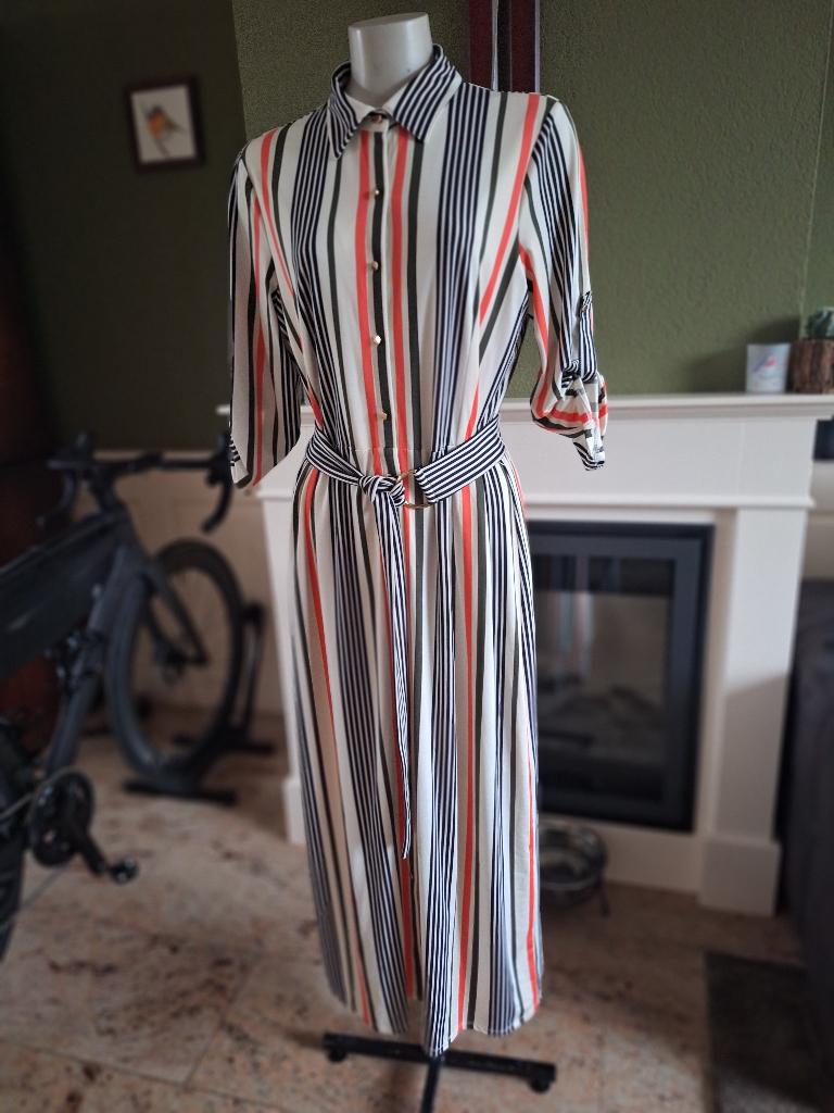 K-Design jurk creme met zwart groen oranje strepen L, K-design, Verzenden, Wit, Maat 42/44 (L)