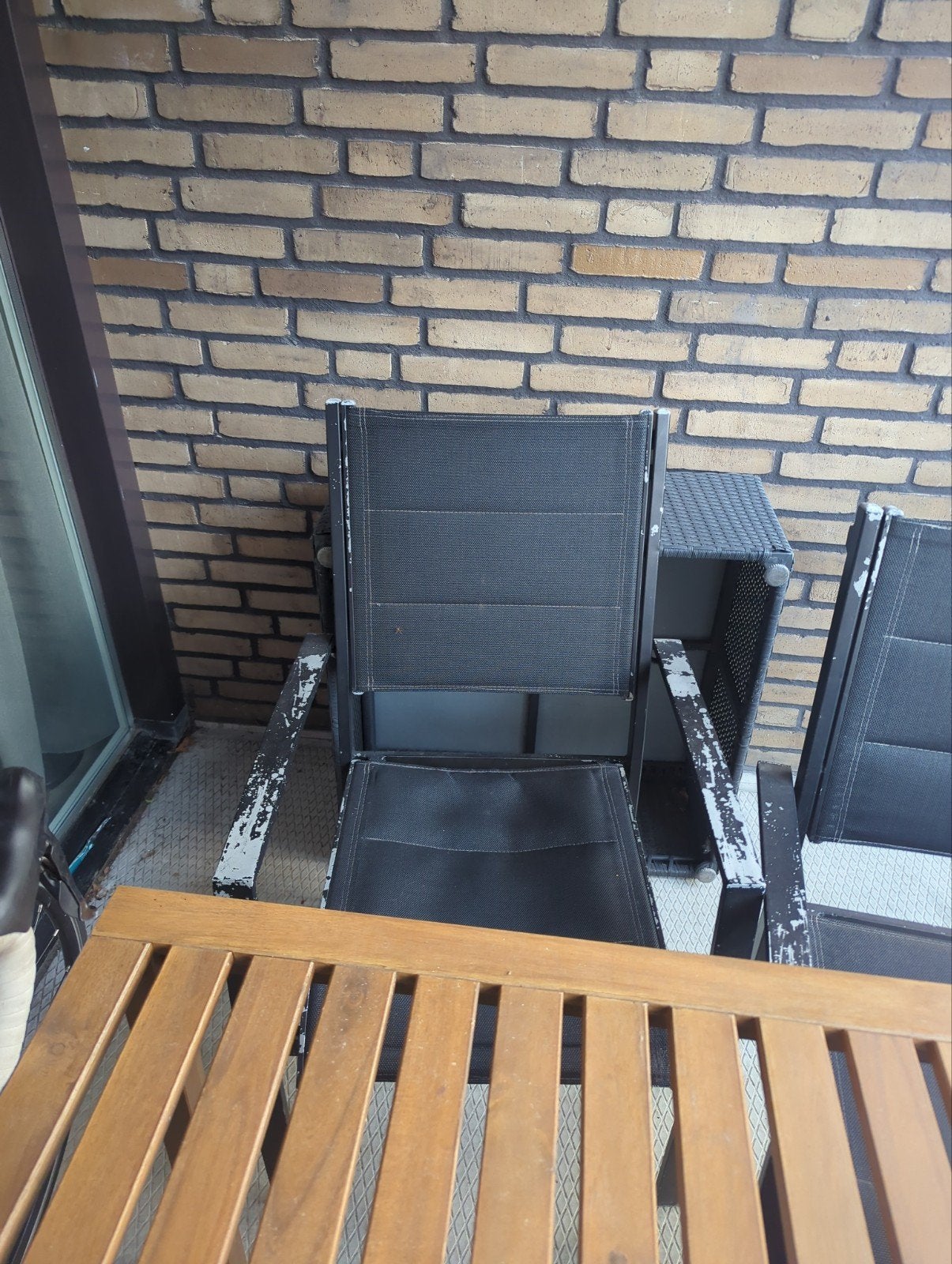 Gebruikte tuinstoel met metalen frame en textileen, Tuin en Terras, Tuinstoelen, Ophalen of Verzenden, Gebruikt, Metaal