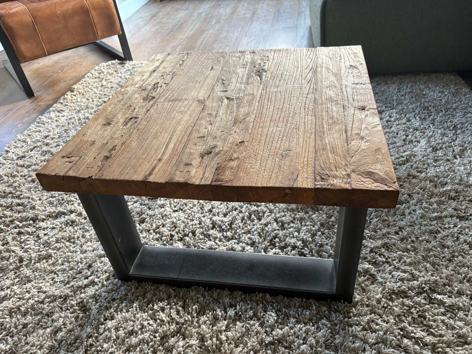 Industriële teak houten salontafel, Huis en Inrichting, Ophalen, 100 tot 150 cm, Teakhout, 50 tot 100 cm