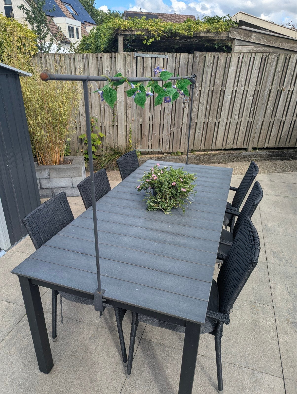 Tuinset met uitschuifbare tafel met 6 stoelen, kussens en, Tuin en Terras, Tuinsets en Loungesets, Ophalen, Gebruikt, 6 zitplaatsen