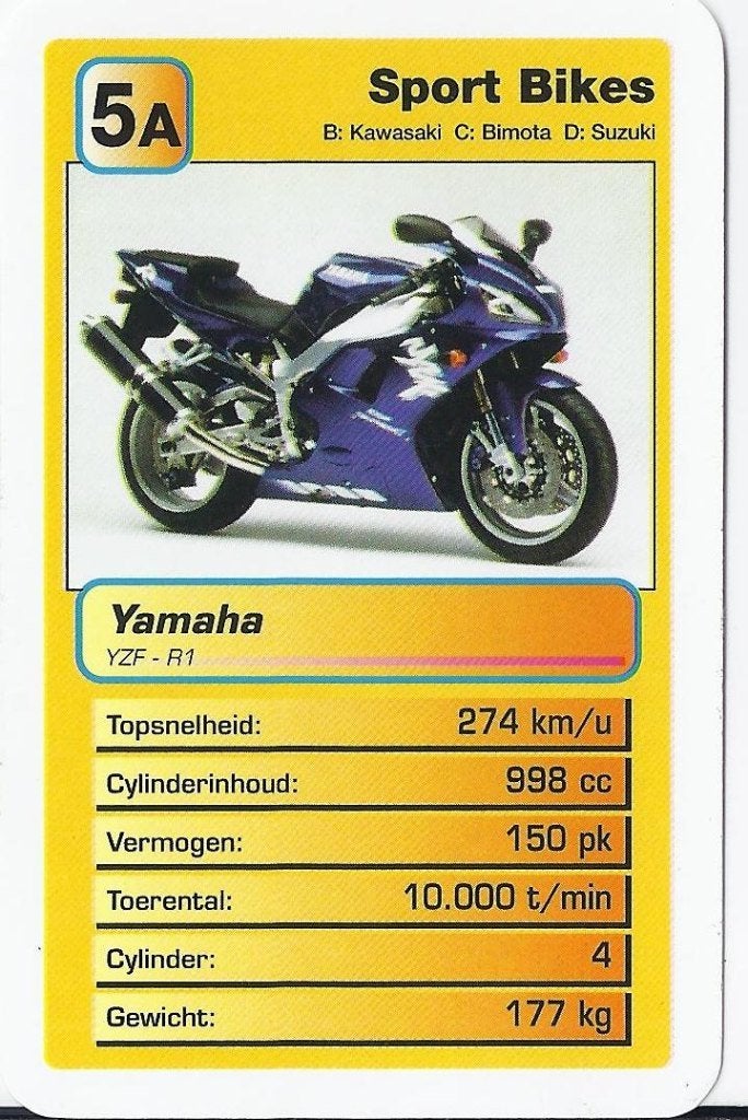 Mok13 motorkaartje (5a) yamaha yzf r1, Verzamelen, Ophalen of Verzenden, Zo goed als nieuw, Auto's
