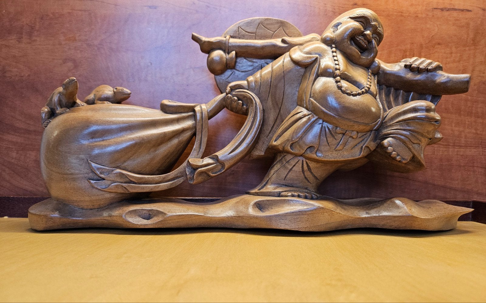 Lachende Boeddha - Hotei, Houtsnijwerk, Ophalen of Verzenden, Handgemaakt, Hout