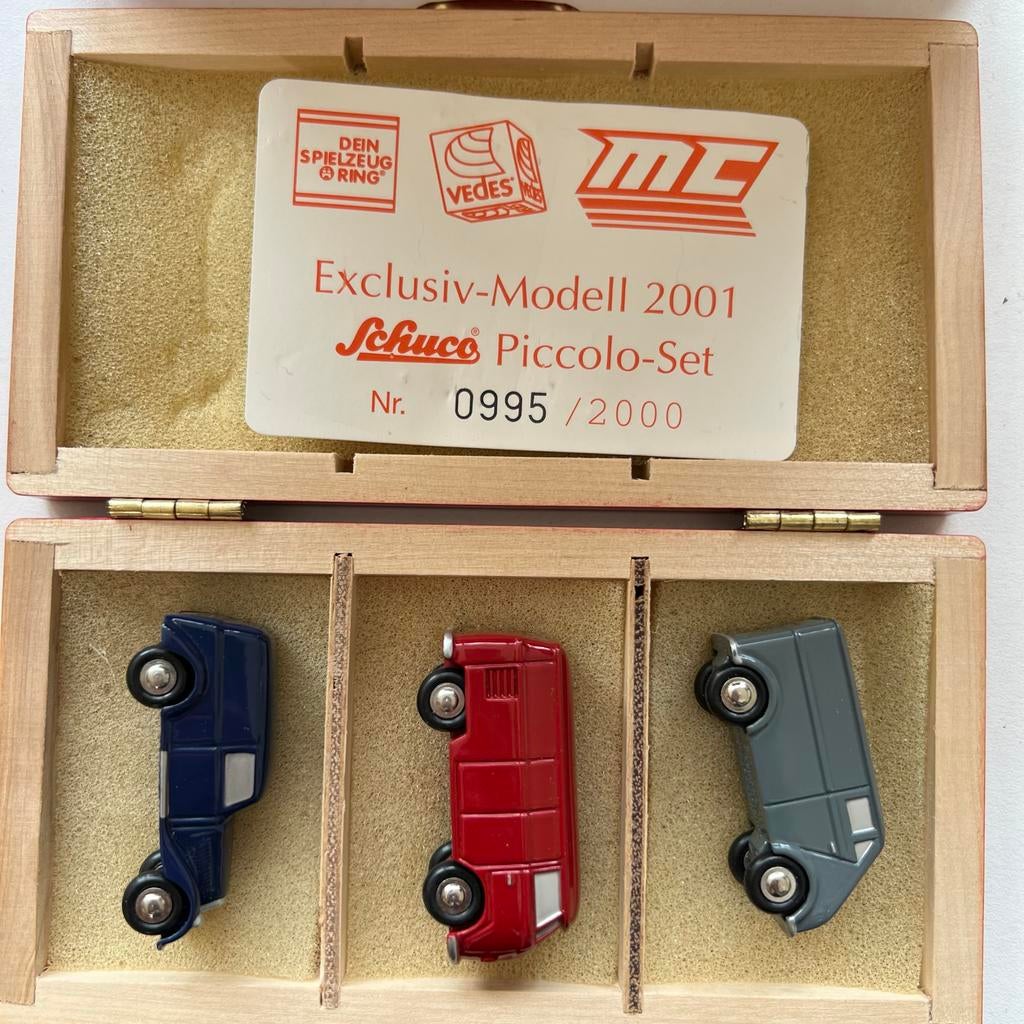 5 Schuco Piccolo-Set 2001 en 2003 modellen in houten kist, Verzenden, Zo goed als nieuw, Auto