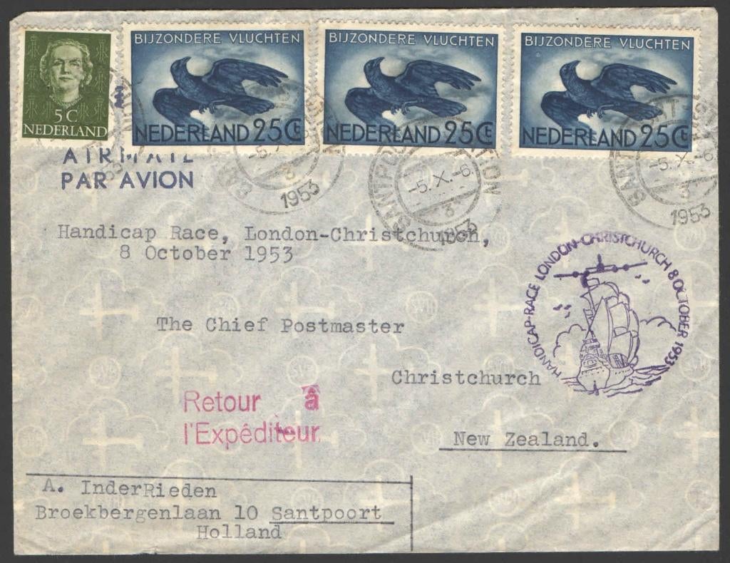 Nederland, Brief Handicap Race Londen-Christchurch 1953, Ophalen of Verzenden, Envelop