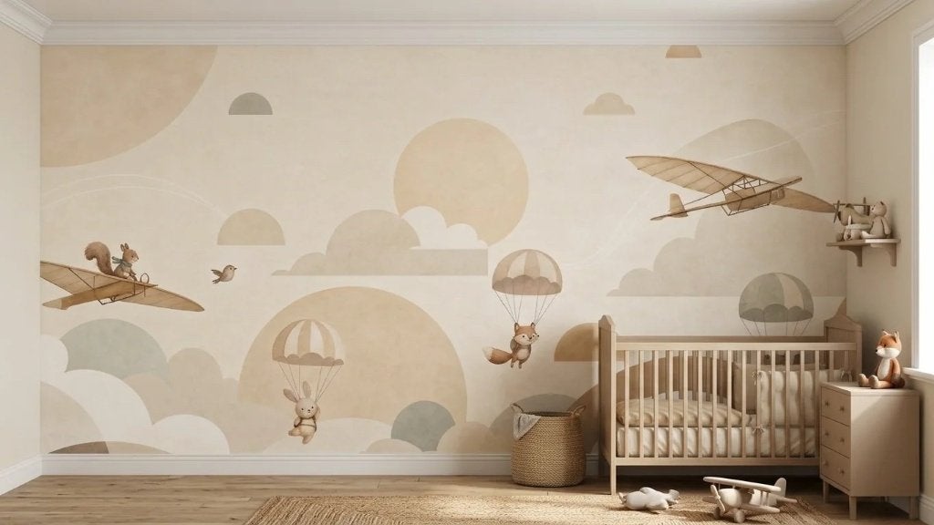 Fotobehang kinderkamer – vliegtuigen met parachutedieren, Overige patronen, Meerkleurig, Natuurlijk, Overige merken