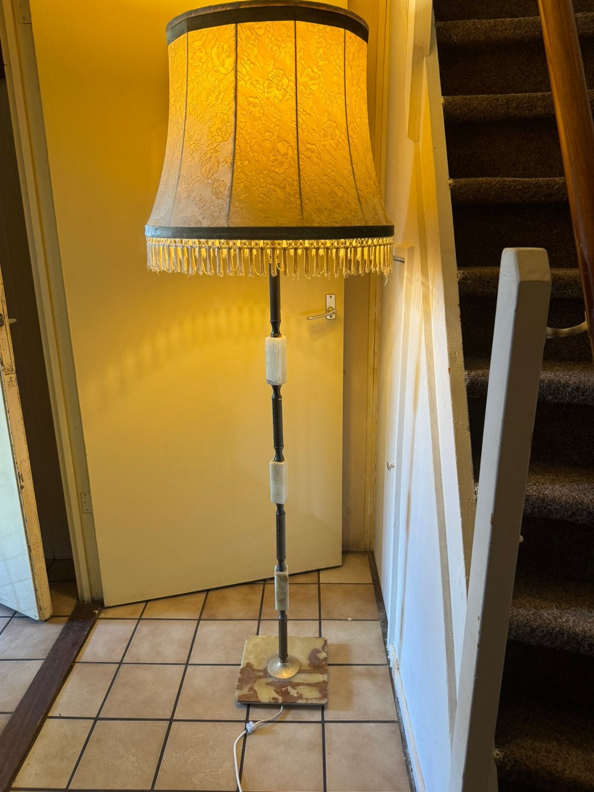 Antieke Vintage Vloerlamp Messing met Onyx & Grote Sfeerkap, Ophalen