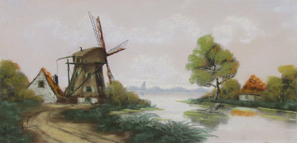 J.J. Dambruine (1885-1958): Landschap met molen, pastel, Antiek en Kunst, Kunst | Schilderijen | Klassiek, Ophalen of Verzenden