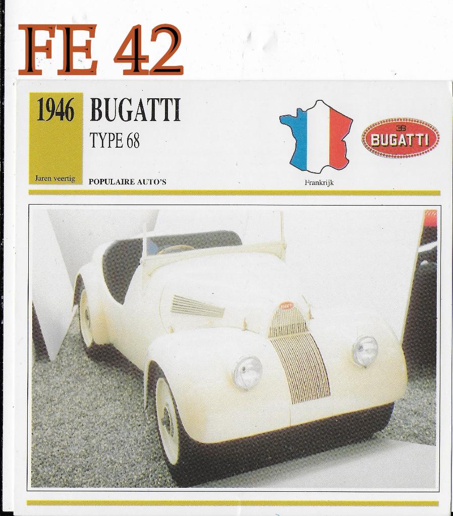Fe42 autokaart bugatti type 68 ( 1946)  afmeting 14 cm x 14, Ophalen of Verzenden, Zo goed als nieuw, Auto's