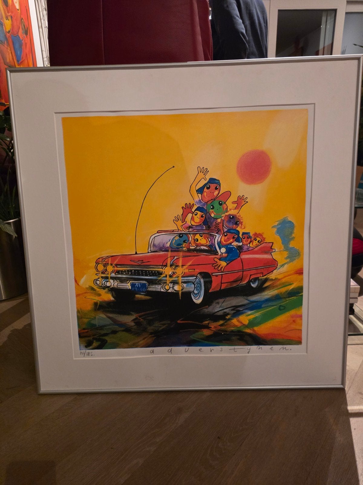 Ad Verstijnen Zeefdruk 'Cadillac' 65x65 lijst 90x90, Antiek en Kunst, Ophalen, Zeefdruk, Genummerd