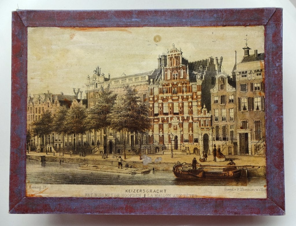 Antiek kartonnen doosje: steendruk Keizersgracht 123, Ophalen of Verzenden