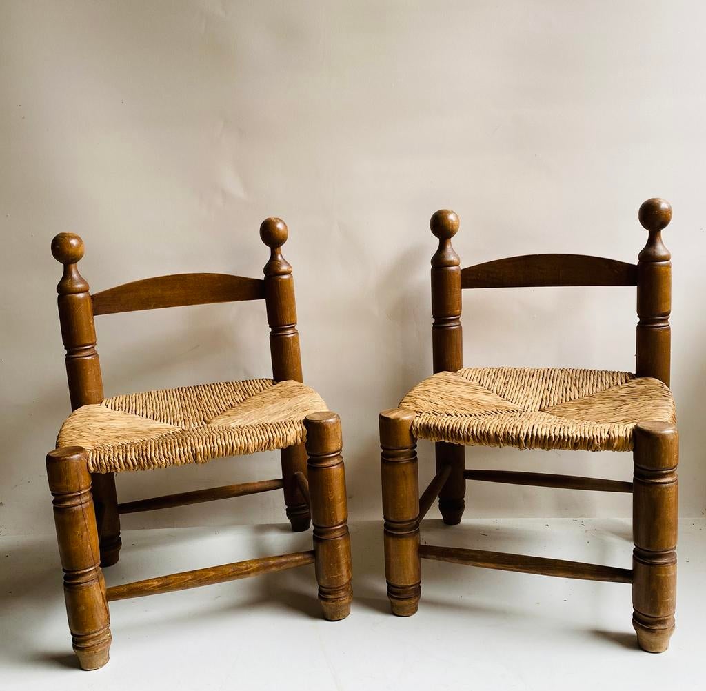 Lage houten openhaard stoelen, rieten zitting, Dudouyt stijl, Twee, Bruin, Onbekend, Onbekend