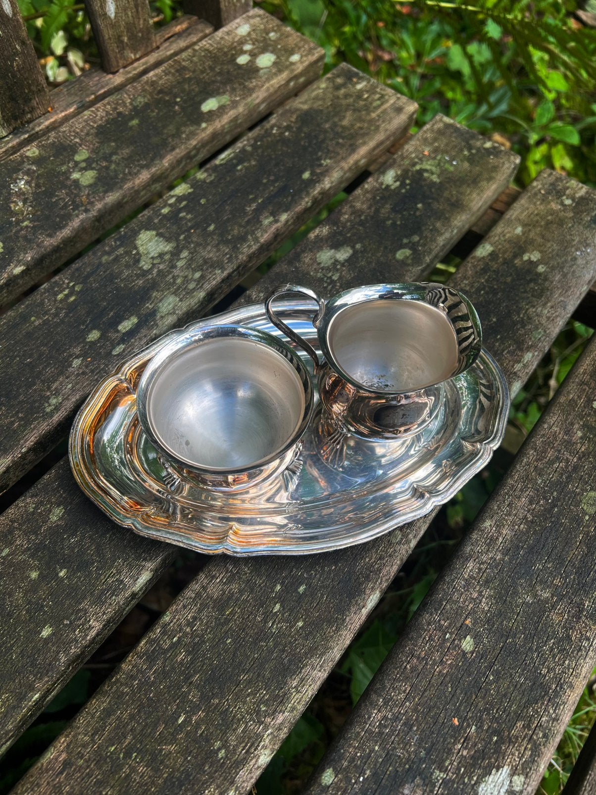 Verzilverd melkkannetje met schaaltje en potje, Antiek en Kunst, Ophalen of Verzenden