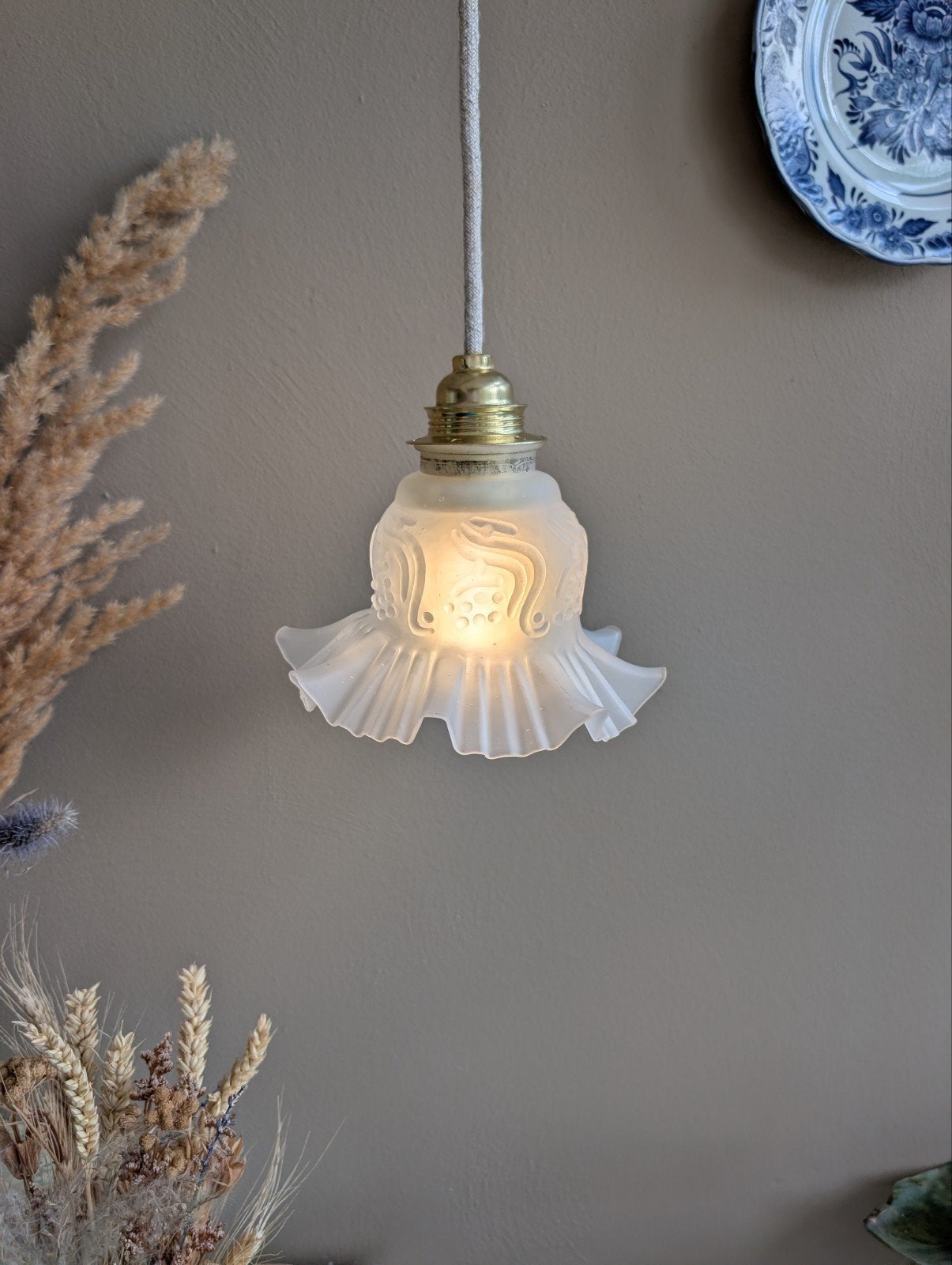 Prachtige kleine vintage opaline glazen hanglamp/ rokkapje, Ophalen of Verzenden, Glas