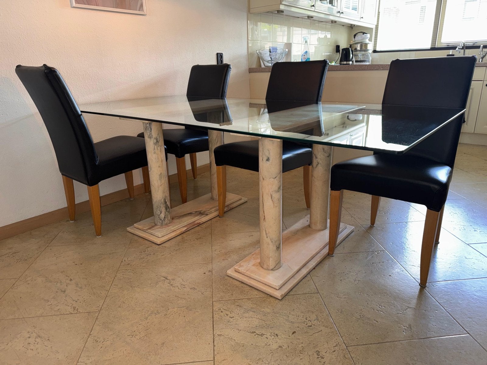 Glazen eettafel met marmeren onderstel, Ophalen, Gebruikt, 200 cm of meer, 50 tot 100 cm
