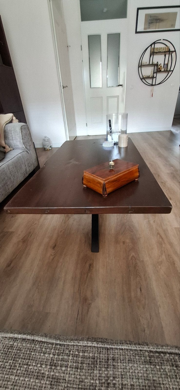 Houten salontafel (wagondelen) stalen spinnenpoot, Ophalen, 50 – 75, Gebruikt, 100 tot 150 cm