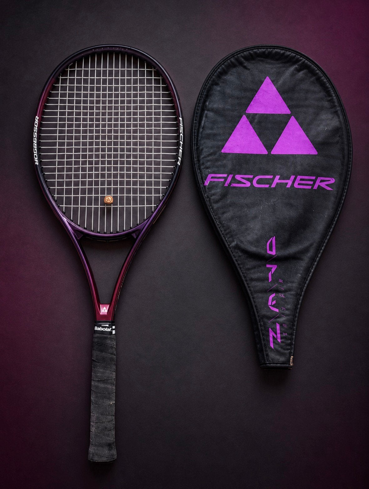 Vintage Fischer Progressor tennisracket + Vacuum hoes, Overige merken, L4, Ophalen of Verzenden, Zo goed als nieuw