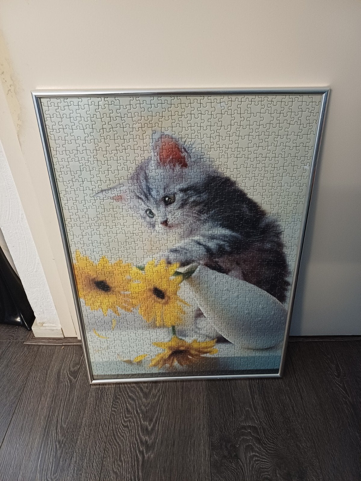 Ingelijste puzzel met schattige kitten en zonnebloemen, Ophalen, Gebruikt, Met afbeelding, Ingelijst werk