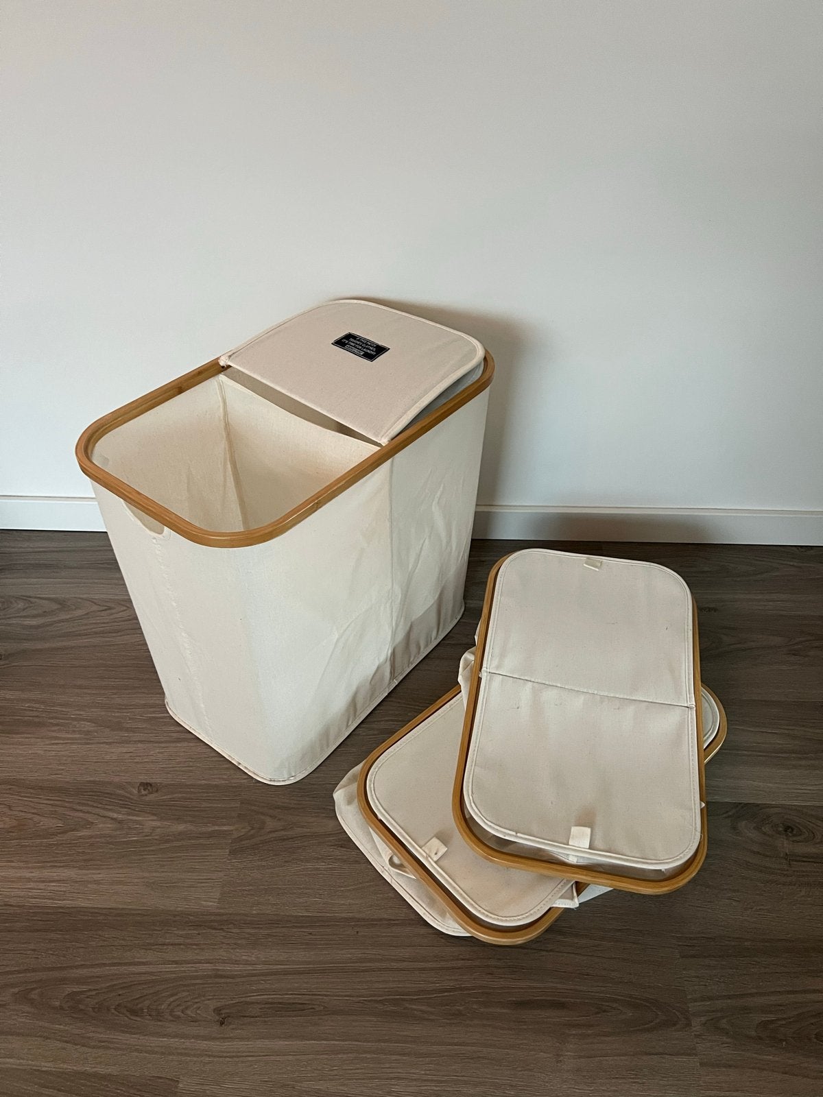 Wasmand met houten frame en deksel - About You, Huis en Inrichting, Hout, Gebruikt, Beige, Ophalen of Verzenden