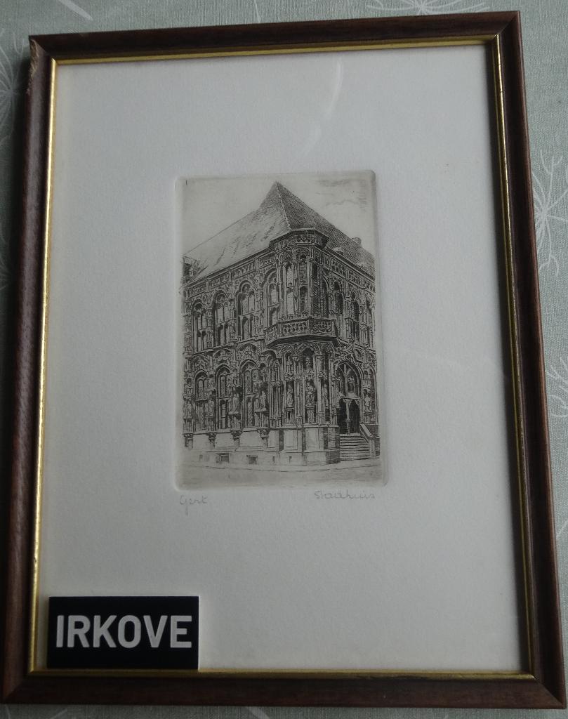 MOOIE ETS STADHUIS VAN GENT * in Lijst *, Antiek en Kunst, 25 cm, Architectuur, Ingelijst, 20 cm