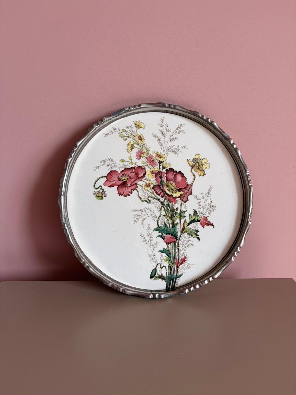 Vintage botanisch dienblad / serveerplateau met tinnen rand, Ophalen of Verzenden