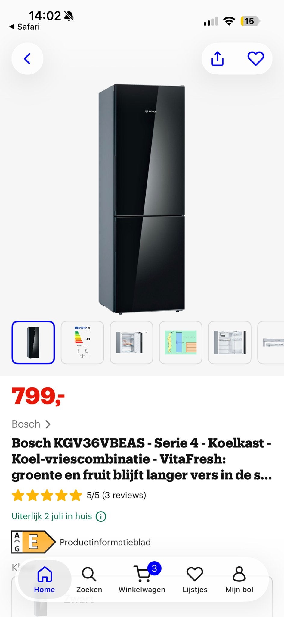 Bosch KGV36VBEAS Koel-vriescombinatie VitaFresh 214L, Witgoed en Apparatuur, Ophalen, Gebruikt, 200 liter of meer, Met aparte vriezer