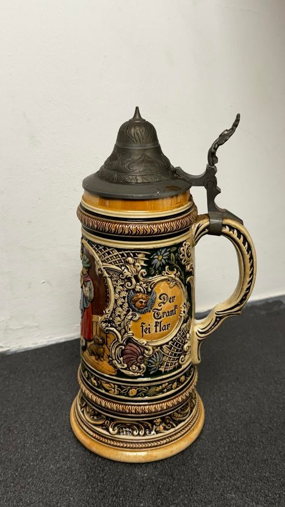 Vintage Duitse Bierpul van Steengoed met Tinnen Deksel - 1L, Antiek en Kunst, Ophalen of Verzenden
