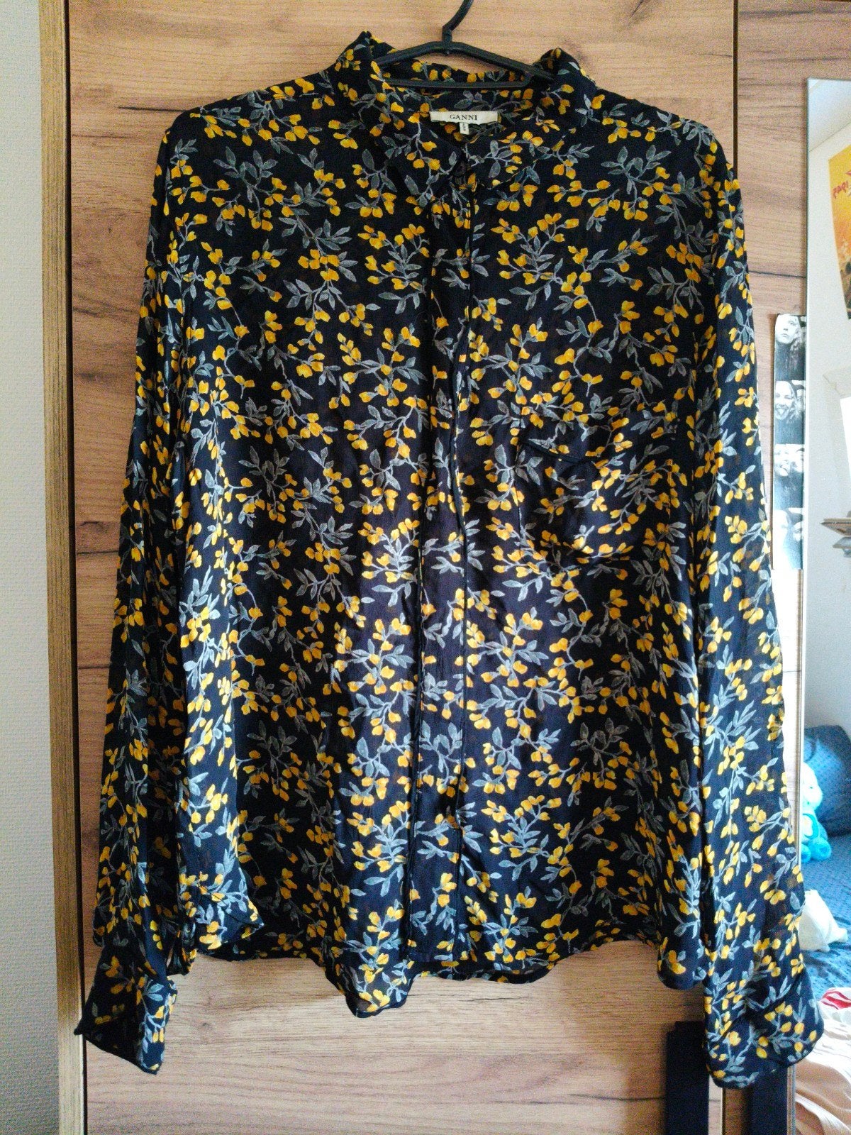 Ganni Sheer Viscose Blouse - Gele Bloemenprint - EU 42, Zwart, Ganni, Maat 42/44 (L), Ophalen of Verzenden
