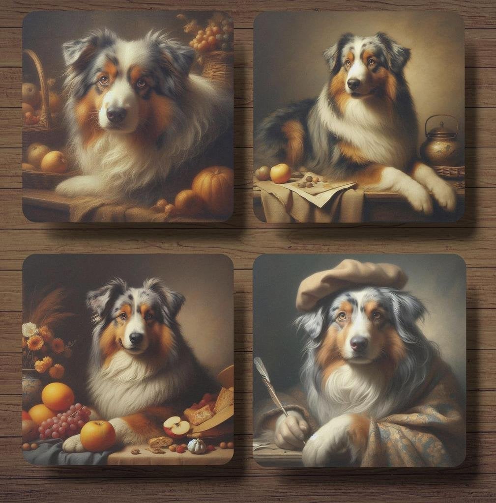 Australian Shepherd Rembrandt stijl onderzetters met houder, Ophalen of Verzenden, Nieuw