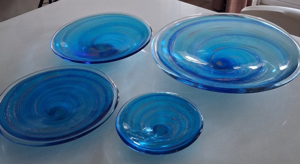 4 mondgeblazen, blauwe schalen, Ophalen, Schaal, Rond, Glas