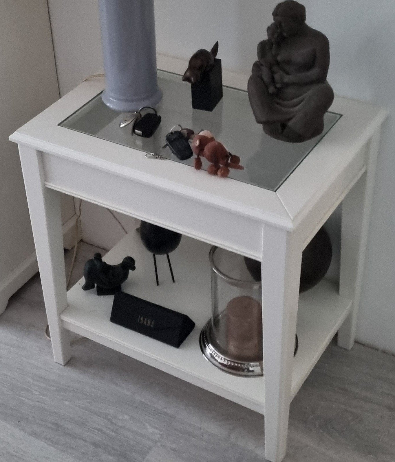 3x Witte bijzettafel met glazen blad, Ophalen, Gebruikt