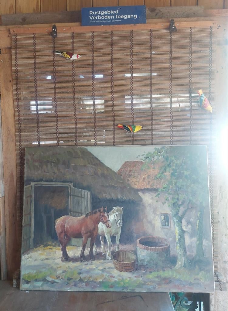 Oud Hollands schilderij van Jan Koning boerenerf m paarden, Ophalen of Verzenden