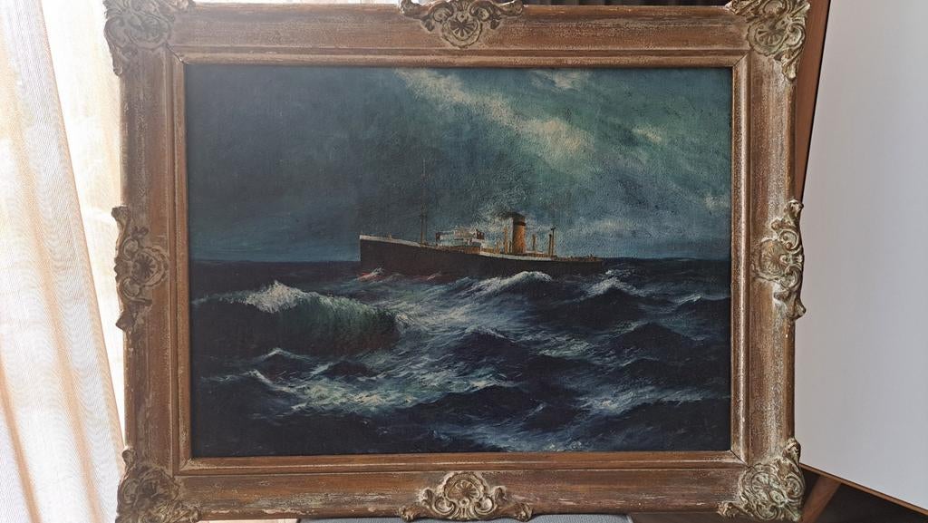 Maritiem schilderij, schip op woelige zee, Ophalen