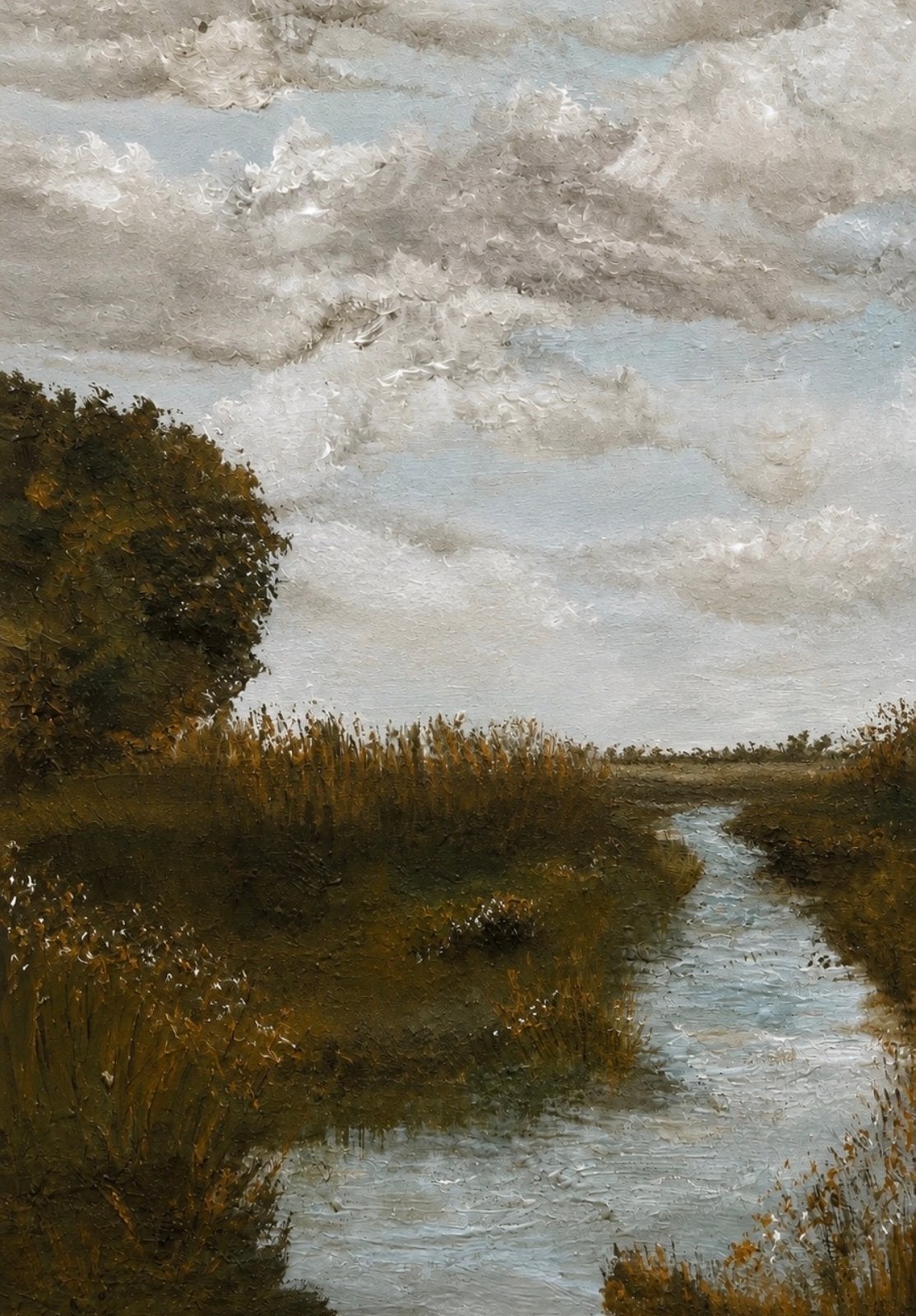 Schilderij: Rustiek Landschap met Waterloop, Doek, Realistisch, Ophalen of Verzenden, Olieverf