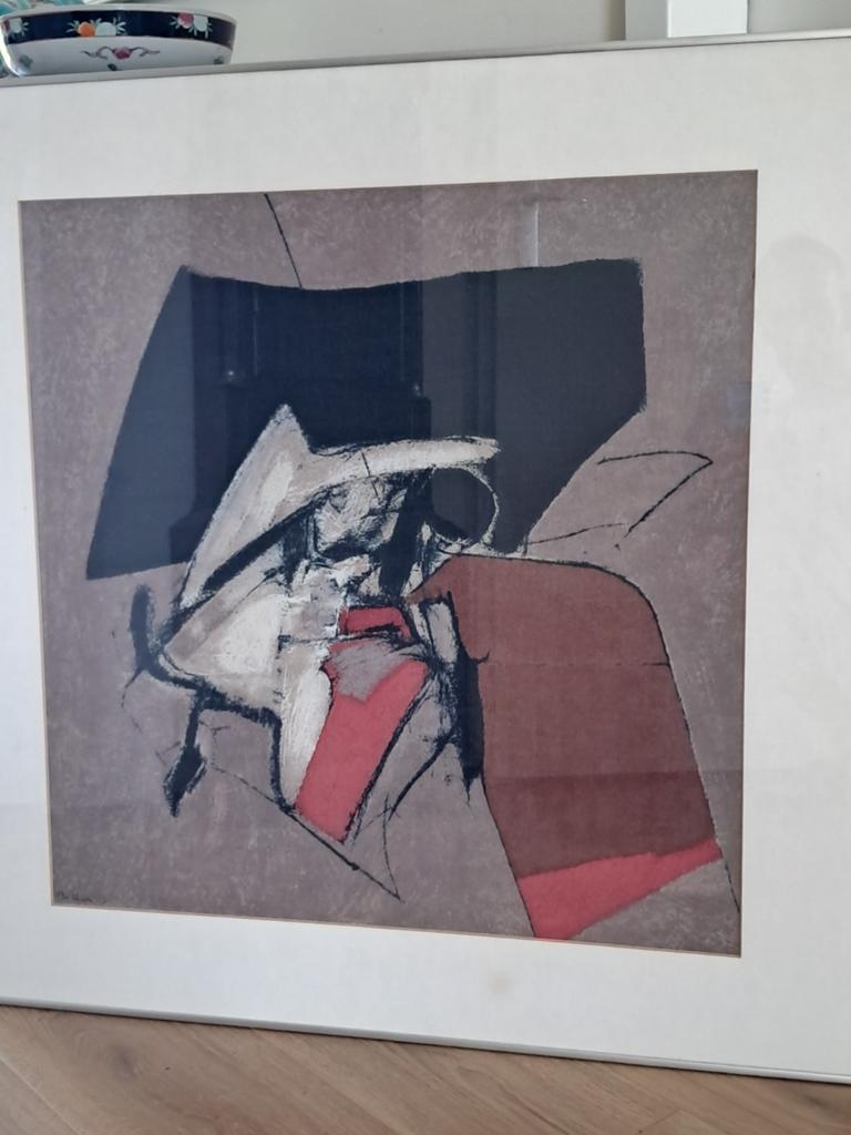 Moderne compositie ond. gesigneerd zeefdruk mooi ingelijst, Antiek en Kunst, Ophalen